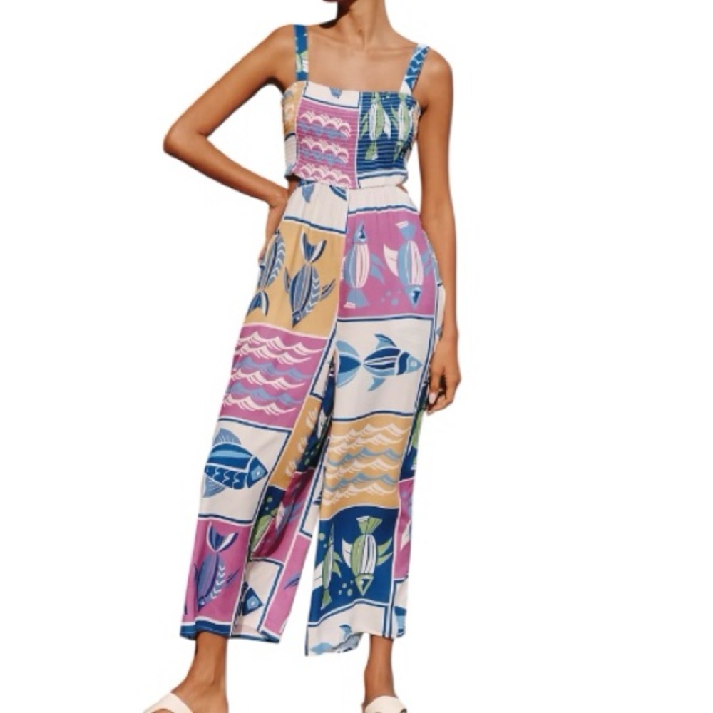 Anthropologie Pink Blue Cream Block Print Jumpsuit